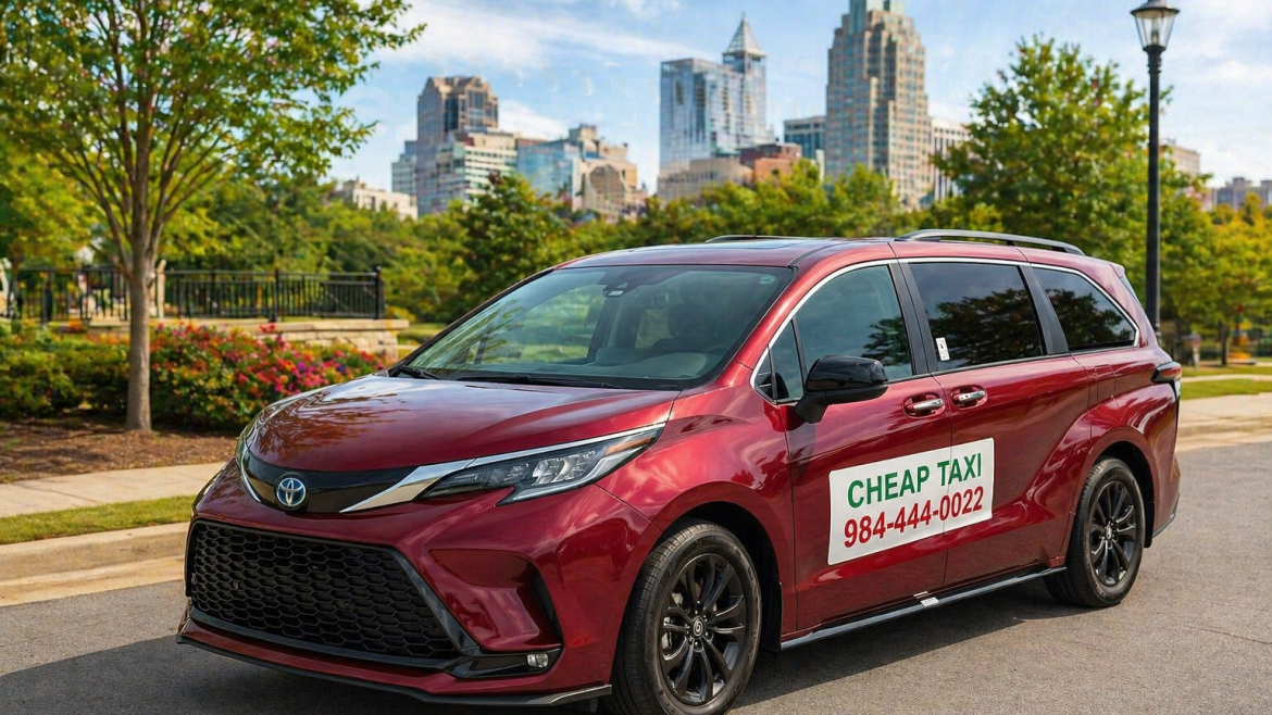 Affordable taxi service in Raleigh NC for airport transfers and long-distance trips with branded vehicle