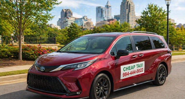 Affordable taxi service in Raleigh NC for airport transfers and long-distance trips with branded vehicle