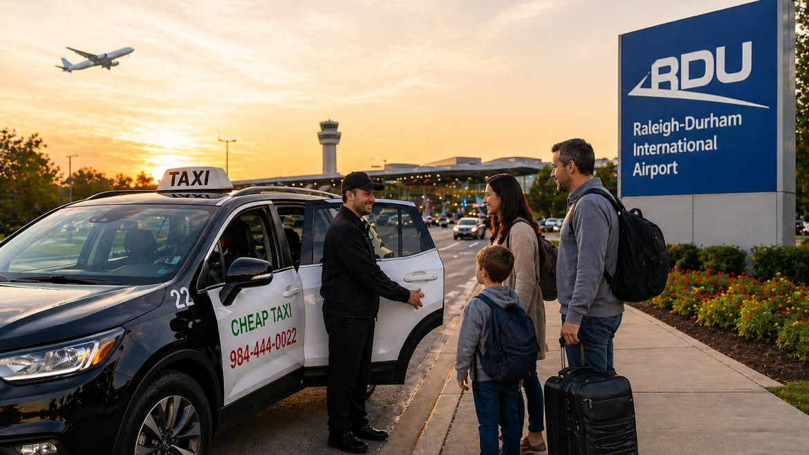 Taxi picking up passengers at Raleigh-Durham International Airport with driver assisting travelers and luggage