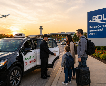 Taxi picking up passengers at Raleigh-Durham International Airport with driver assisting travelers and luggage