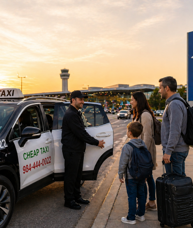 Taxi picking up passengers at Raleigh-Durham International Airport with driver assisting travelers and luggage