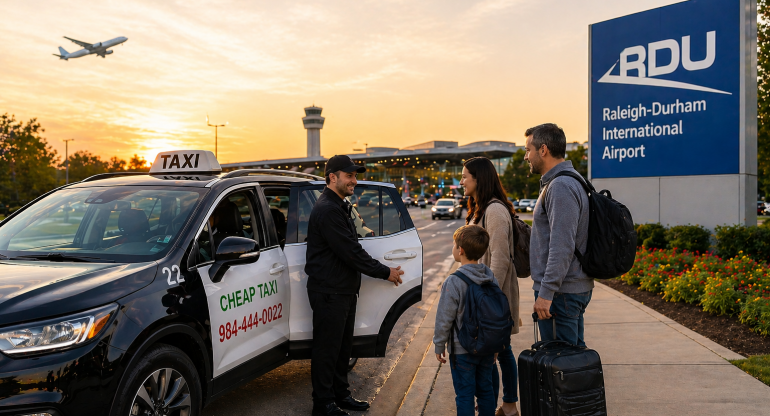 Taxi picking up passengers at Raleigh-Durham International Airport with driver assisting travelers and luggage